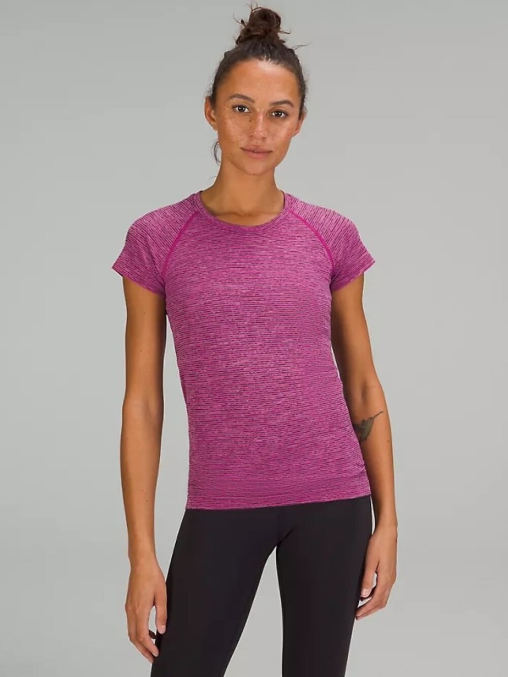 Lululemon Swiftly Tech Short-Sleeve Shirt 2.0, in pink with grey stripes, size 8